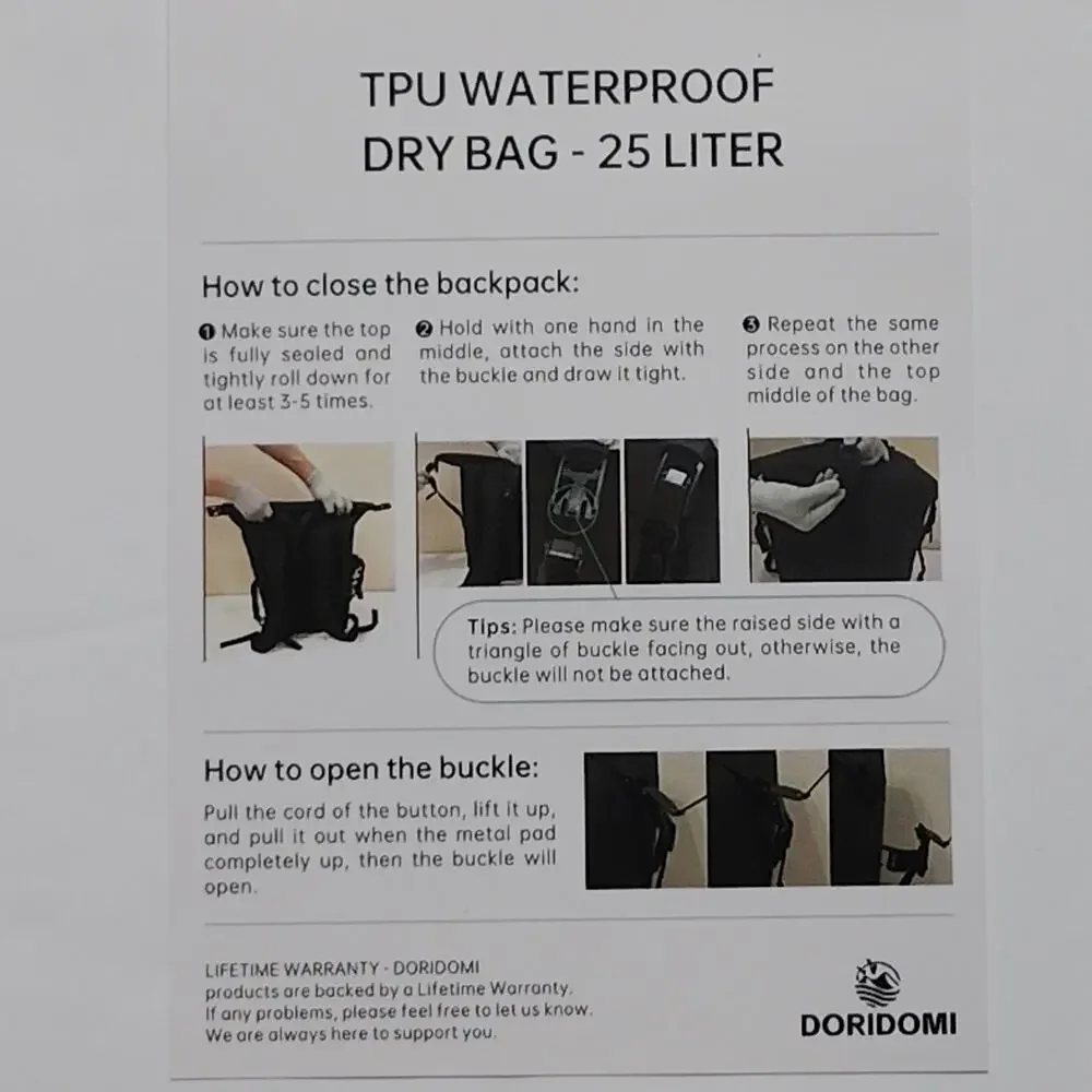 DORIDOMI Black Waterproof Backpack 25L - 600D TPU Durable IPX8 Large Dry Bag